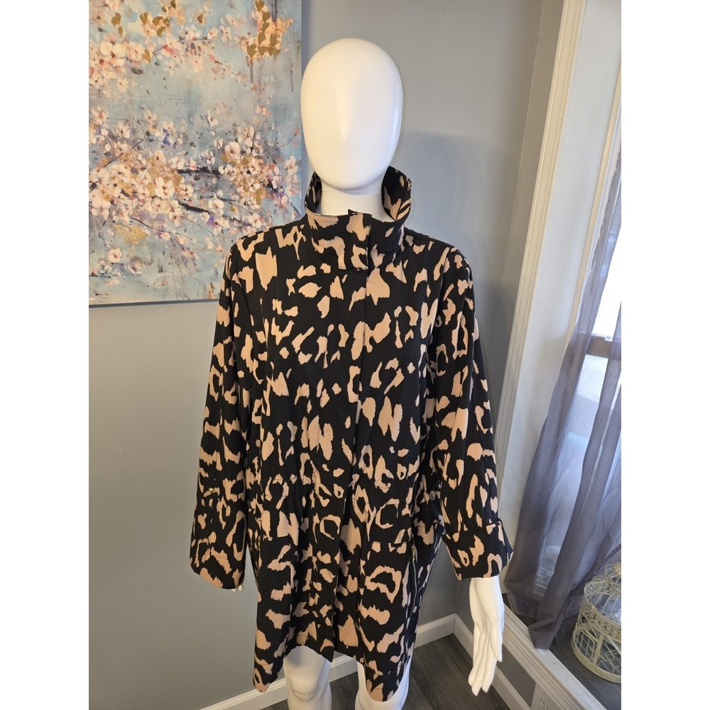 Black Tan Abstract Animal Print Utility Jacket Funnel Neck Drawstring Waist L